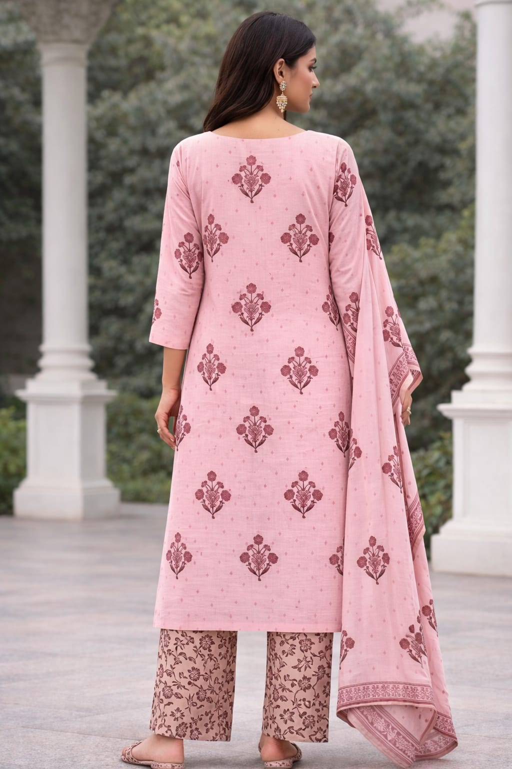 Ruaati Women Elegant Pink Floral Printed Cotton Kurta Pant Dupatta Set for Daily & Office Wear