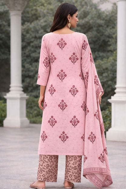 Ruaati Women Elegant Pink Floral Printed Cotton Kurta Pant Dupatta Set for Daily & Office Wear