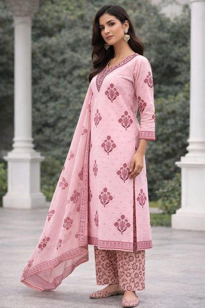 Ruaati Women Elegant Pink Floral Printed Cotton Kurta Pant Dupatta Set for Daily & Office Wear