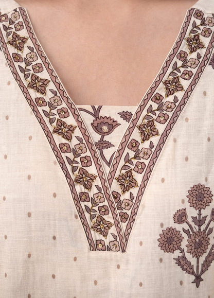 Ruaati Women Elegant Beige Floral Printed Cotton Kurta Pant Dupatta Set for Daily & Office Wear