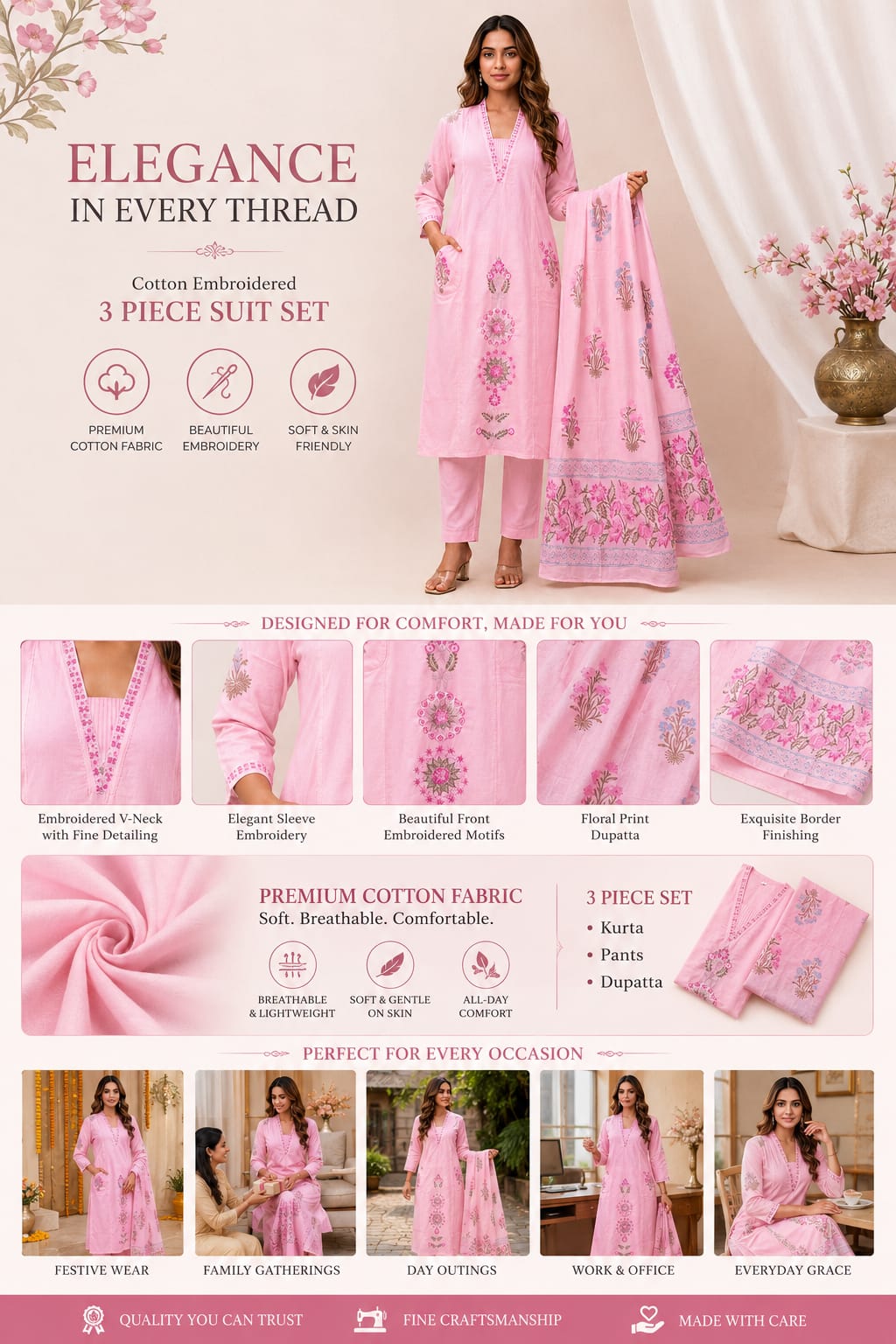 Ruaati Women’s Pink Mul Cotton Embroidered Cotton Kurta Pant Set with Floral Dupatta