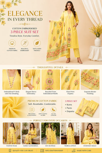 Ruaati Women’s Sunshine Yellow Mul Cotton Embroidered Cotton Kurta Pant Set with Floral Dupatta