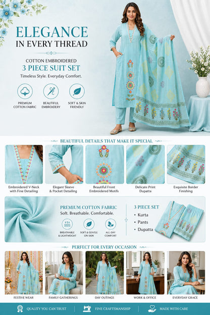 Ruaati Women’s Sky Blue Mul Cotton Embroidered Cotton Kurta Pant Set with Floral Dupatta