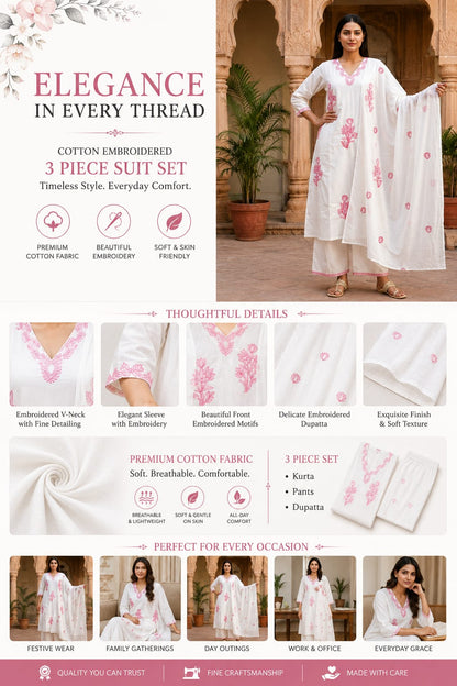 Ruaati Women Premium Mul Cotton White & Pink Floral Embroidered Kurta Palazzo Set with Dupatta
