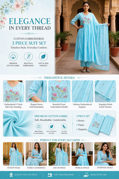 Ruaati Women Premium Mul Cotton Sky Blue Floral Embroidered Anarkali Kurta Set with Dupatta