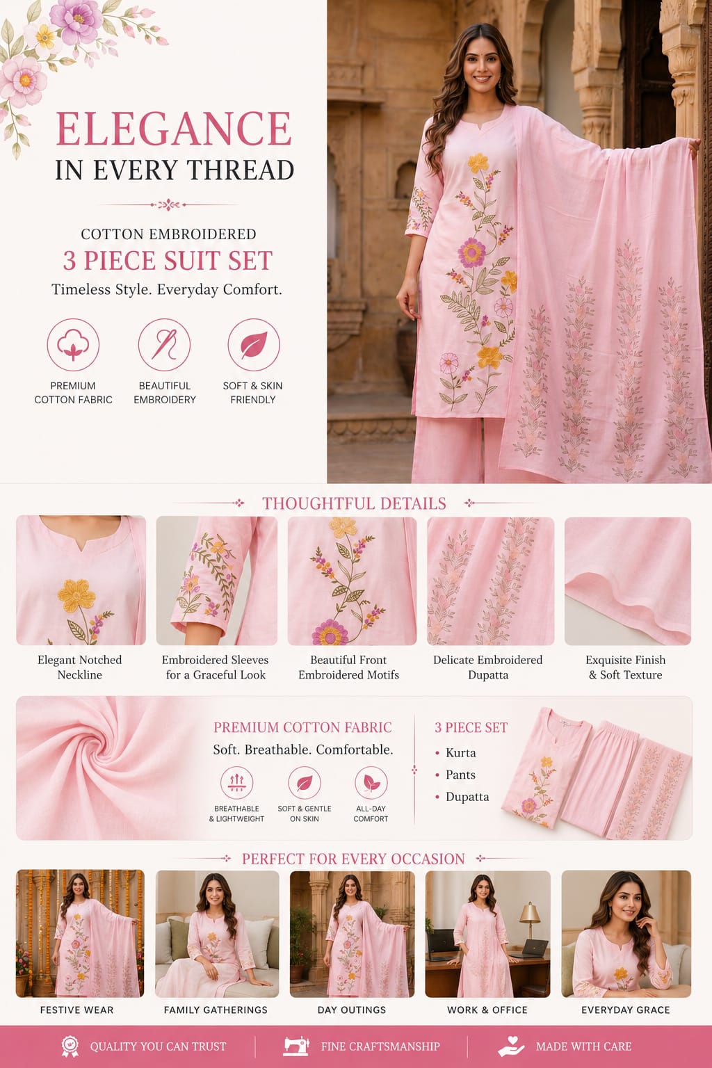 Ruaati Women Mul Cotton Pink Embroidered Kurta Set with Dupatta Set