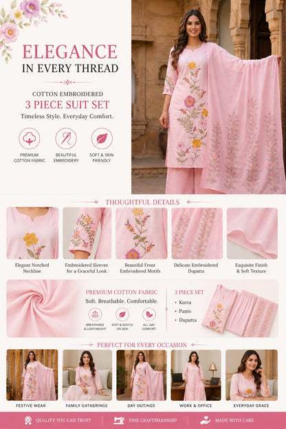 Ruaati Women Mul Cotton Pink Embroidered Kurta Set with Dupatta Set