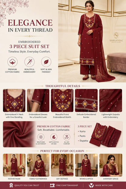 Ruaati Women Stylish Maroon Mul Cotton Ethnic Set with Embroidered Detailing