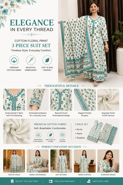 Ruaati Women Mul Cotton Cream & Teal Floral Printed Anarkali Suit Set with Dupatta