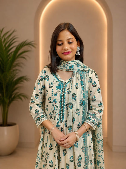 Ruaati Women Mul Cotton Cream & Teal Floral Printed Anarkali Suit Set with Dupatta