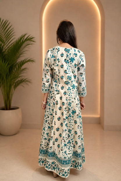 Ruaati Women Mul Cotton Cream & Teal Floral Printed Anarkali Suit Set with Dupatta