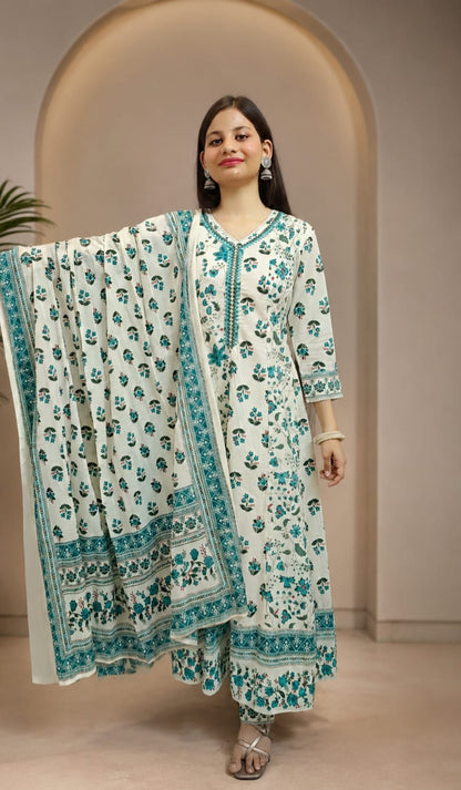Ruaati Women Mul Cotton Cream & Teal Floral Printed Anarkali Suit Set with Dupatta
