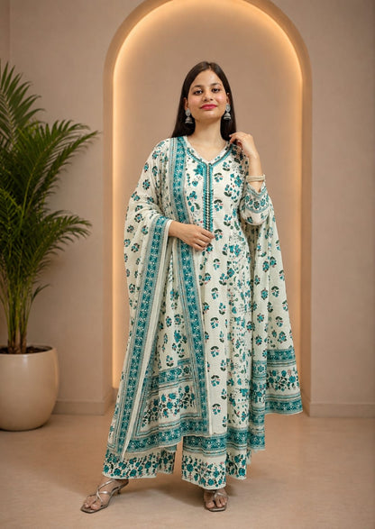 Ruaati Women Mul Cotton Cream & Teal Floral Printed Anarkali Suit Set with Dupatta