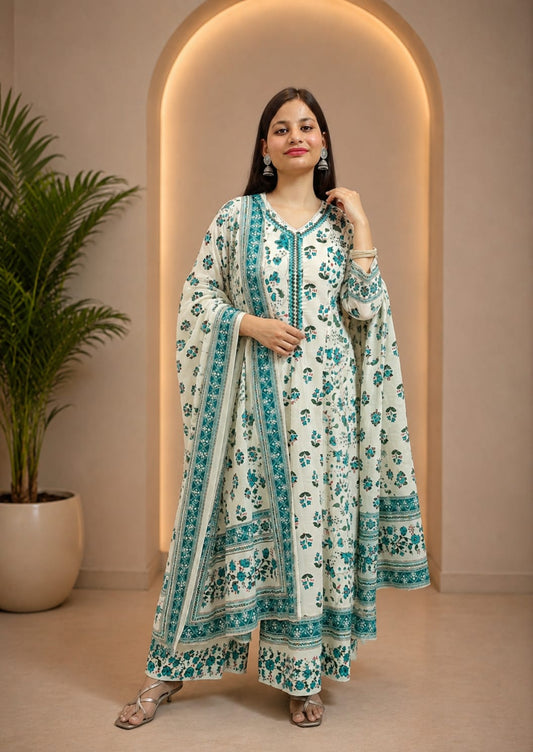 Ruaati Women Mul Cotton Cream & Teal Floral Printed Anarkali Suit Set with Dupatta