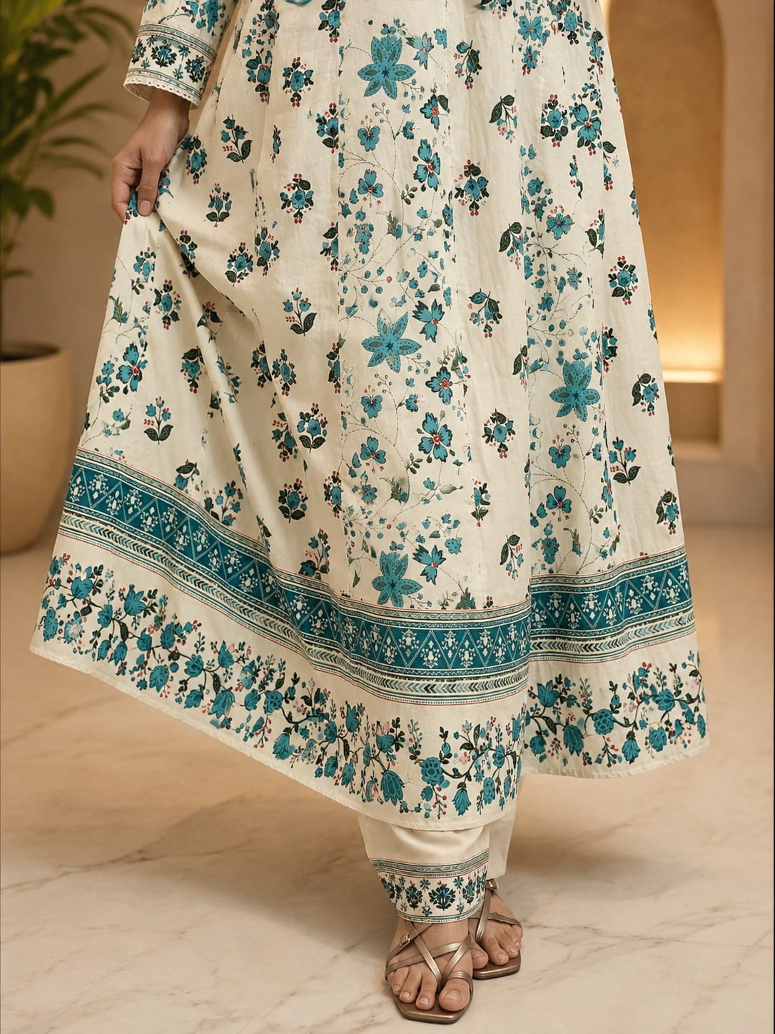 Ruaati Women Mul Cotton Cream & Teal Floral Printed Anarkali Suit Set with Dupatta