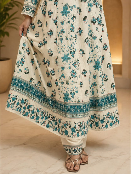 Ruaati Women Mul Cotton Cream & Teal Floral Printed Anarkali Suit Set with Dupatta