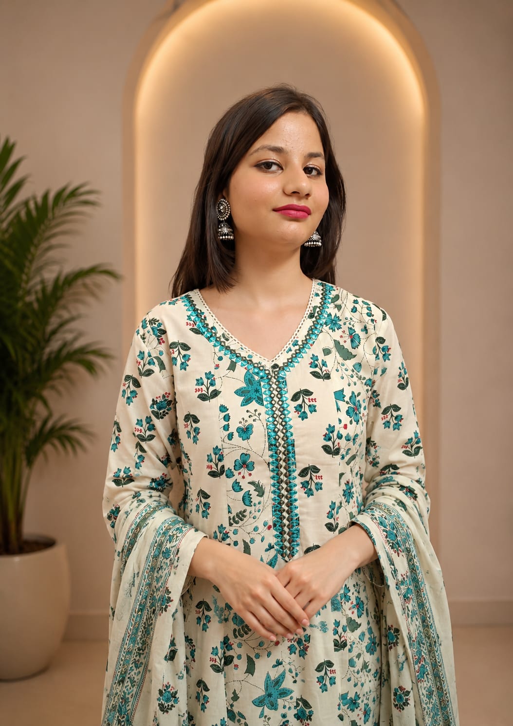 Ruaati Women Mul Cotton Cream & Teal Floral Printed Anarkali Suit Set with Dupatta