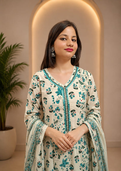 Ruaati Women Mul Cotton Cream & Teal Floral Printed Anarkali Suit Set with Dupatta