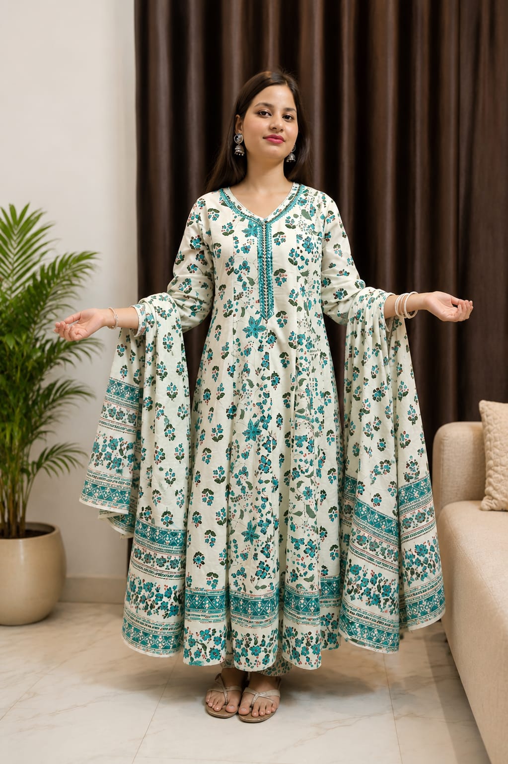 Ruaati Women Mul Cotton Cream & Teal Floral Printed Anarkali Suit Set with Dupatta