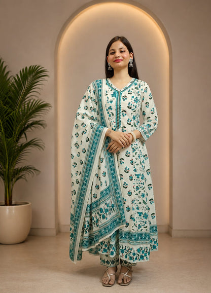 Ruaati Women Mul Cotton Cream & Teal Floral Printed Anarkali Suit Set with Dupatta