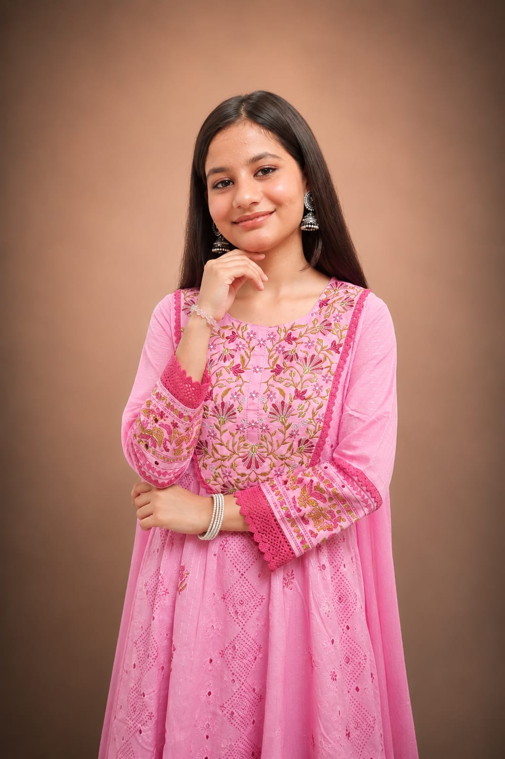 Ruaati Women Mul Cotton Elegant Pink Anarkali Embroidered Kurta Pant Set with Dupatta
