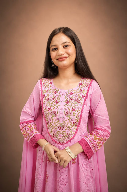 Ruaati Women Mul Cotton Elegant Pink Anarkali Embroidered Kurta Pant Set with Dupatta
