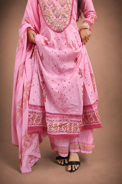 Ruaati Women Mul Cotton Elegant Pink Anarkali Embroidered Kurta Pant Set with Dupatta