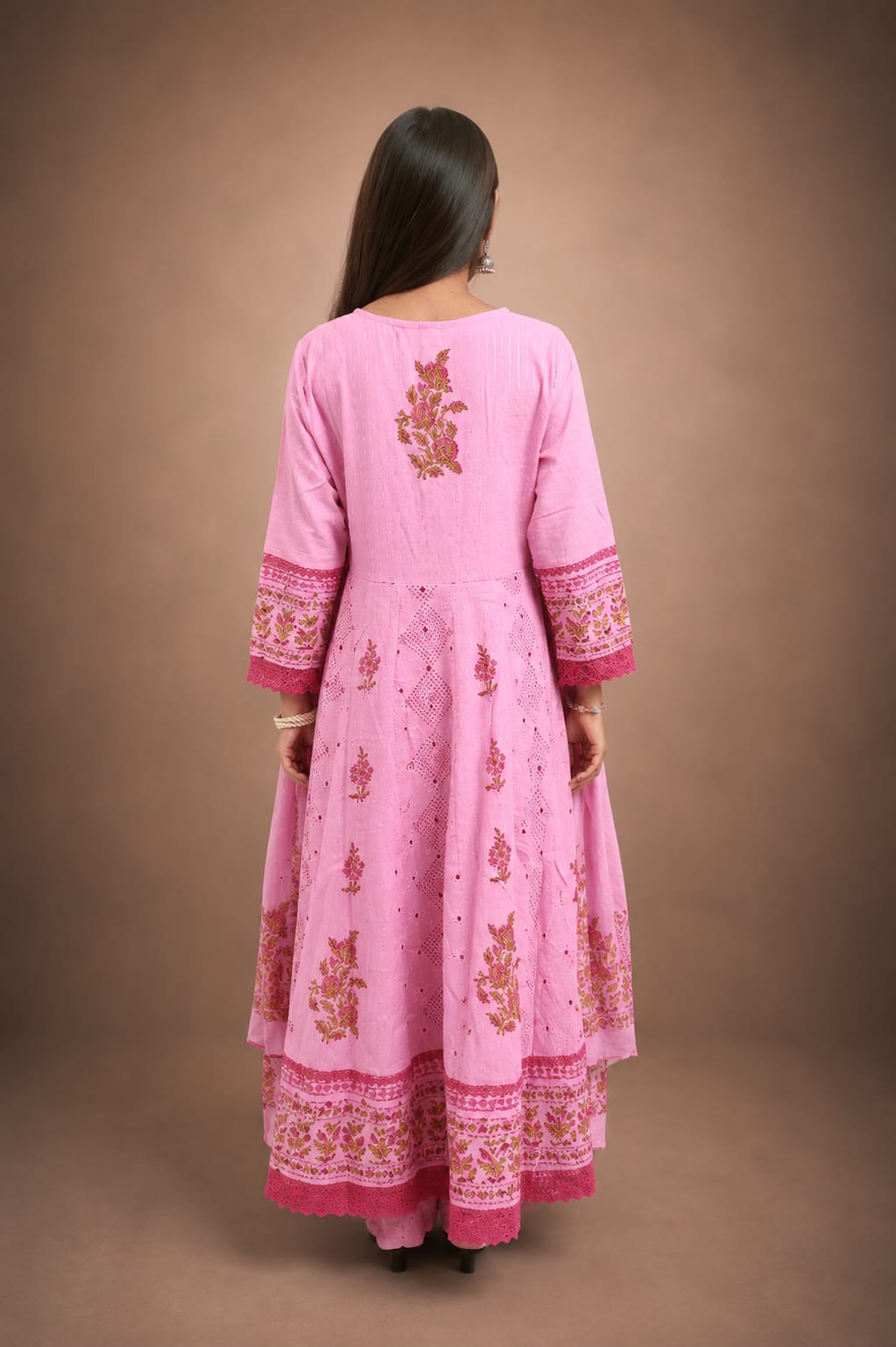 Ruaati Women Mul Cotton Elegant Pink Anarkali Embroidered Kurta Pant Set with Dupatta
