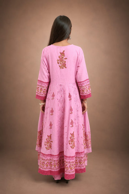 Ruaati Women Mul Cotton Elegant Pink Anarkali Embroidered Kurta Pant Set with Dupatta