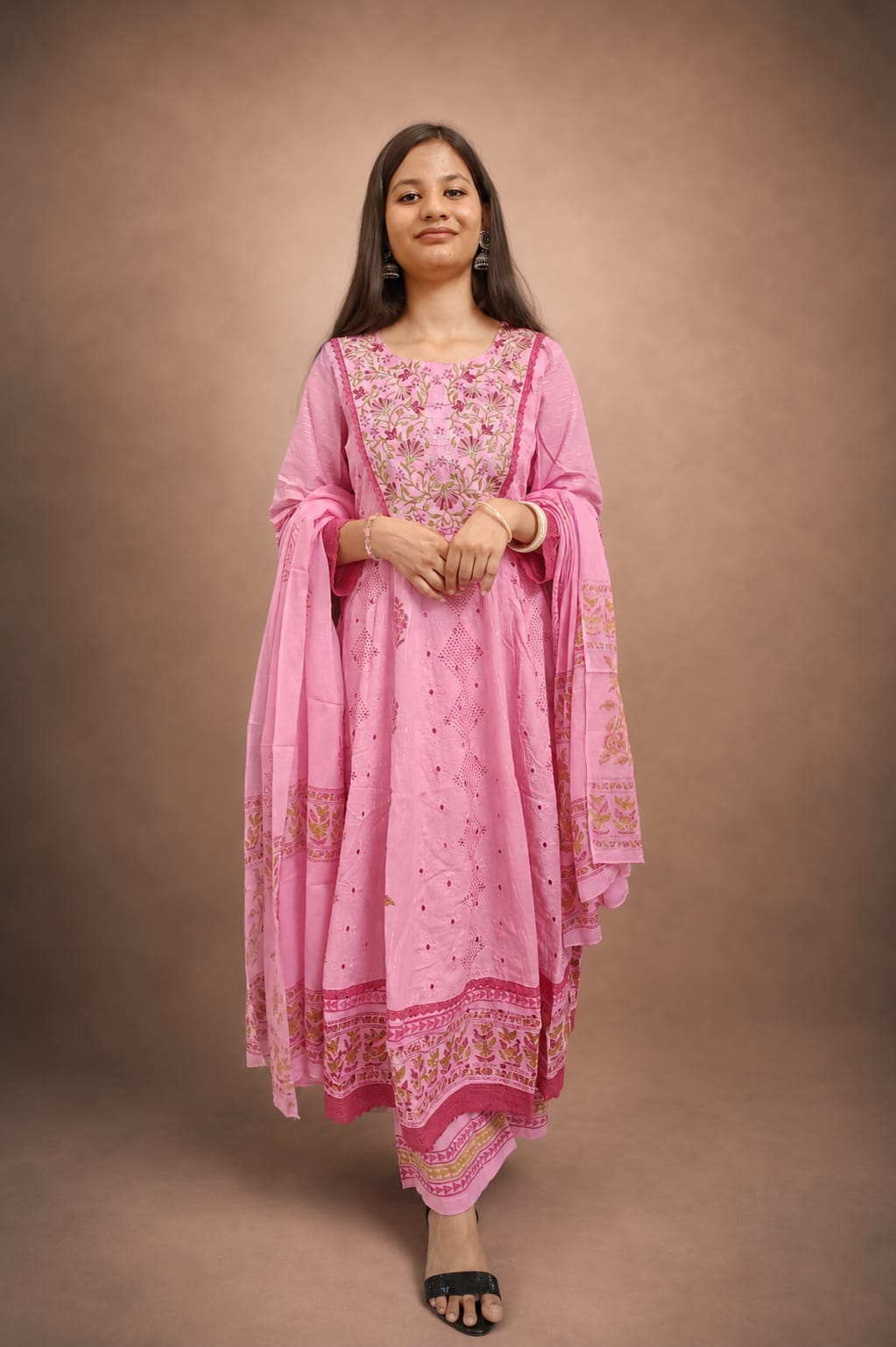 Ruaati Women Mul Cotton Elegant Pink Anarkali Embroidered Kurta Pant Set with Dupatta