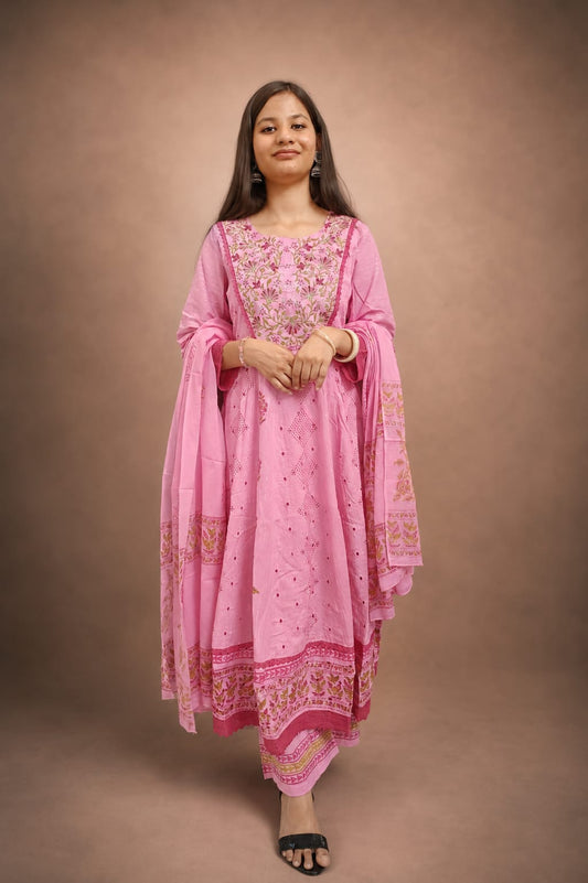 Ruaati Women Mul Cotton Elegant Pink Anarkali Embroidered Kurta Pant Set with Dupatta