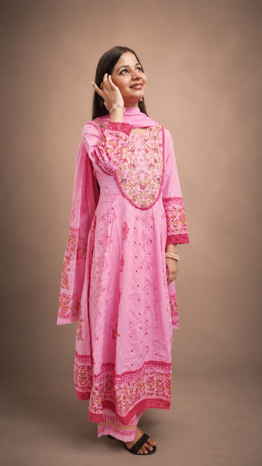 Ruaati Women Mul Cotton Elegant Pink Anarkali Embroidered Kurta Pant Set with Dupatta