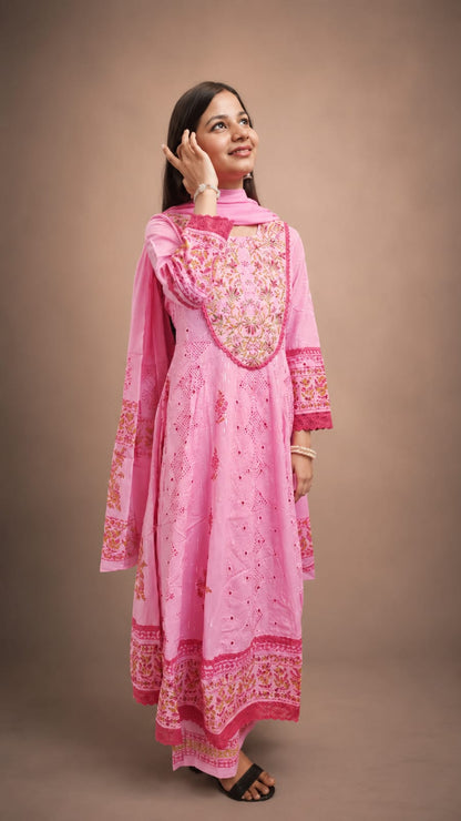 Ruaati Women Mul Cotton Elegant Pink Anarkali Embroidered Kurta Pant Set with Dupatta