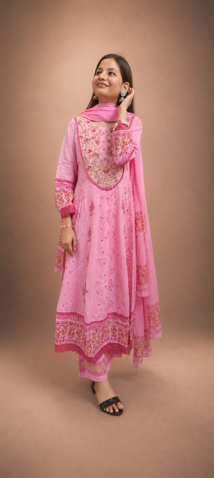 Ruaati Women Mul Cotton Elegant Pink Anarkali Embroidered Kurta Pant Set with Dupatta