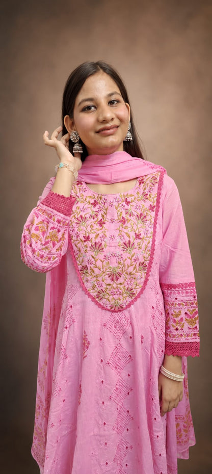 Ruaati Women Mul Cotton Elegant Pink Anarkali Embroidered Kurta Pant Set with Dupatta