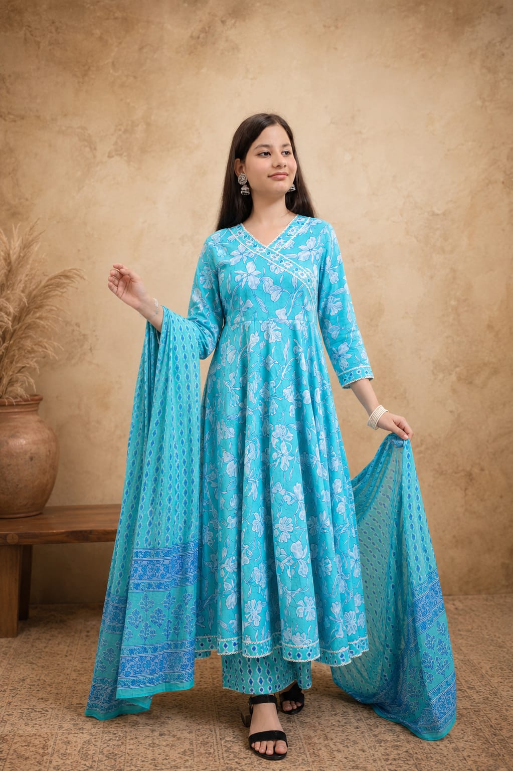 Ruaati Women Mul Cotton Sky Blue Floral Printed Anarkali Suit Set with Dupatta