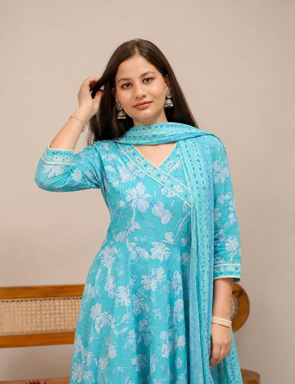 Ruaati Women Mul Cotton Sky Blue Floral Printed Anarkali Suit Set with Dupatta