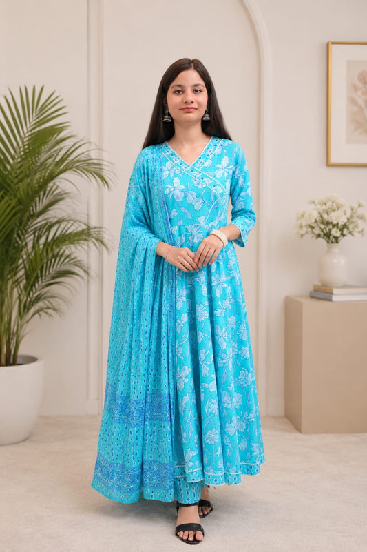 Ruaati Women Mul Cotton Sky Blue Floral Printed Anarkali Suit Set with Dupatta