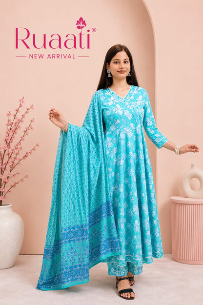 Ruaati Women Mul Cotton Sky Blue Floral Printed Anarkali Suit Set with Dupatta