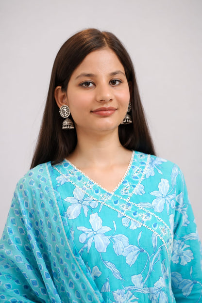 Ruaati Women Mul Cotton Sky Blue Floral Printed Anarkali Suit Set with Dupatta