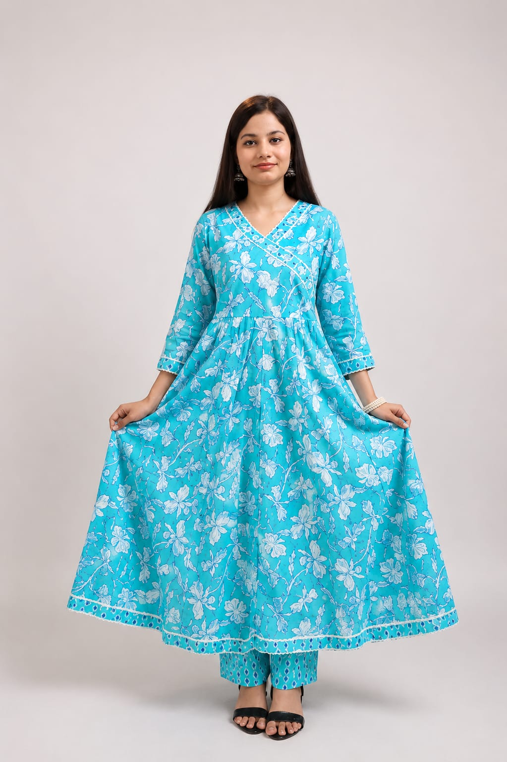 Ruaati Women Mul Cotton Sky Blue Floral Printed Anarkali Suit Set with Dupatta