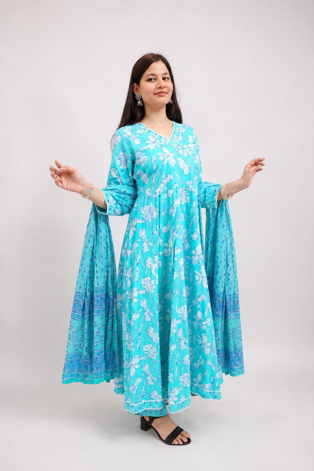 Ruaati Women Mul Cotton Sky Blue Floral Printed Anarkali Suit Set with Dupatta