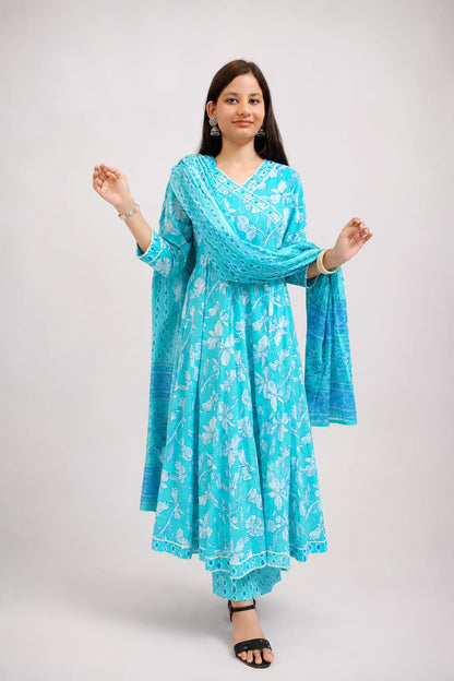 Ruaati Women Mul Cotton Sky Blue Floral Printed Anarkali Suit Set with Dupatta