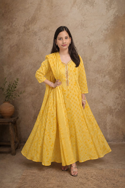 Ruaati Women Mul Cotton Elegant Yellow Anarkali Embroidered Kurta Pant Set with Dupatta