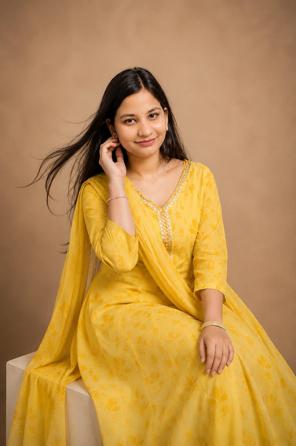 Ruaati Women Mul Cotton Elegant Yellow Anarkali Embroidered Kurta Pant Set with Dupatta