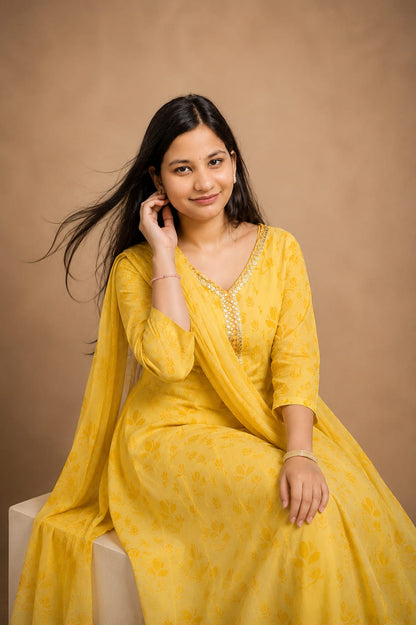 Ruaati Women Mul Cotton Elegant Yellow Anarkali Embroidered Kurta Pant Set with Dupatta