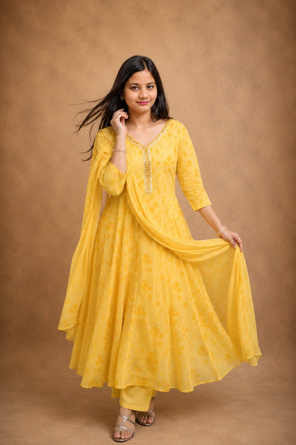 Ruaati Women Mul Cotton Elegant Yellow Anarkali Embroidered Kurta Pant Set with Dupatta