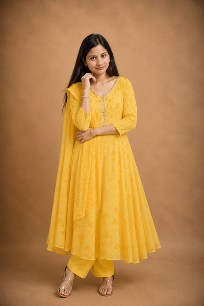 Ruaati Women Mul Cotton Elegant Yellow Anarkali Embroidered Kurta Pant Set with Dupatta