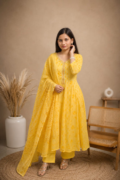 Ruaati Women Mul Cotton Elegant Yellow Anarkali Embroidered Kurta Pant Set with Dupatta