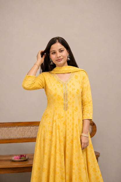 Ruaati Women Mul Cotton Elegant Yellow Anarkali Embroidered Kurta Pant Set with Dupatta